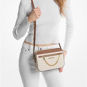 MICHAEL Kors Brown /White Jet Set Large Logo Crossbody Bag with chain. N…